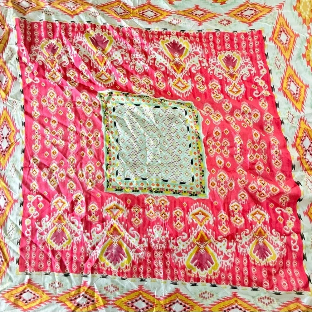 Johnny Was 100% Silk Pink/Yellow Aztec Print Tassels Scarf 44” x 44”